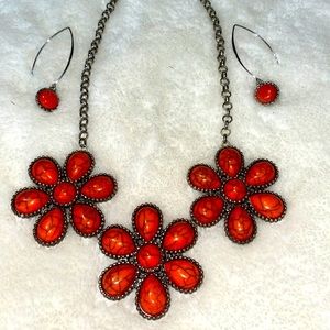 Burnt orange flower necklace & earrings